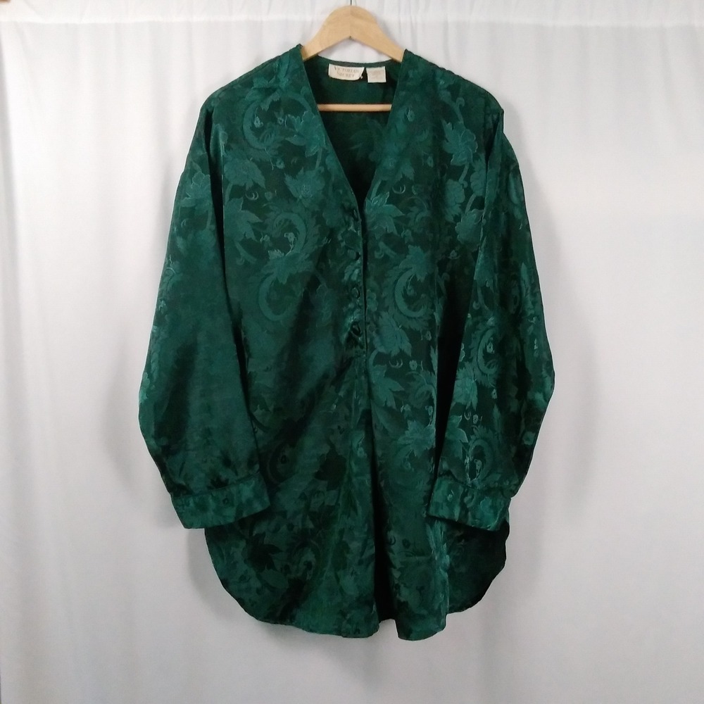 Victoria's Secret Gold Label Green Floral Damask Satin Night Shirt Women's M VTG